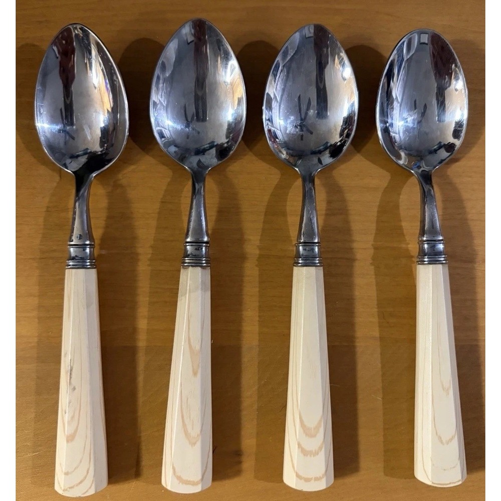 Set 4 Williams Sonoma Stainless Steel Teaspoons Faux Wood Grain Resin Handles